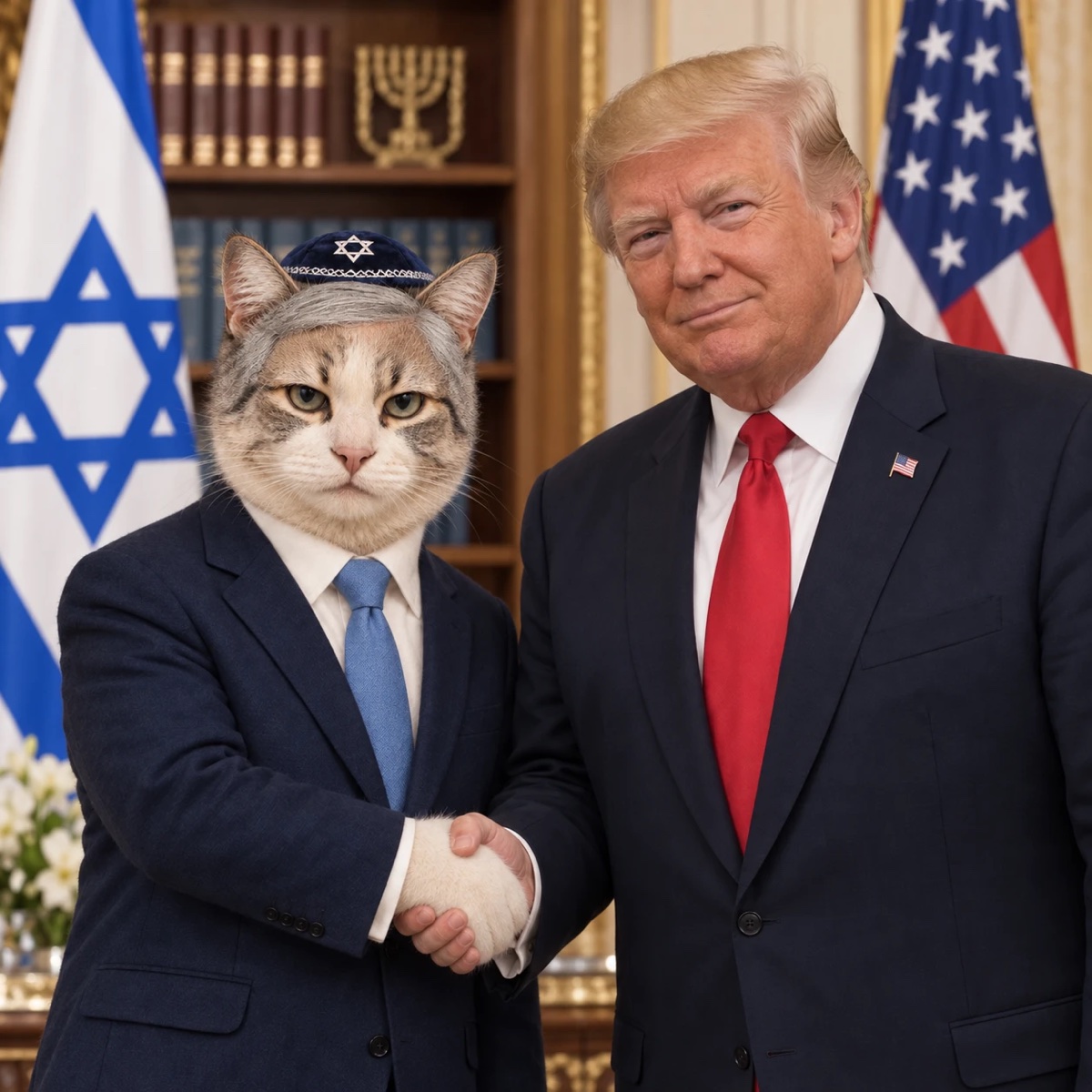 Cetanyahu shaking hands with the President in front of Israeli and American flags