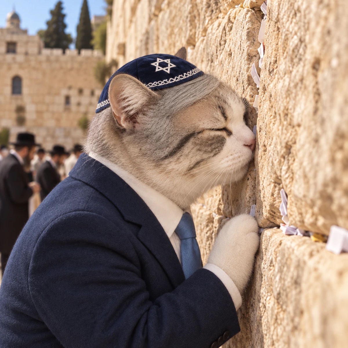 Cetanyahu pressing his forehead and lips to the Western Wall